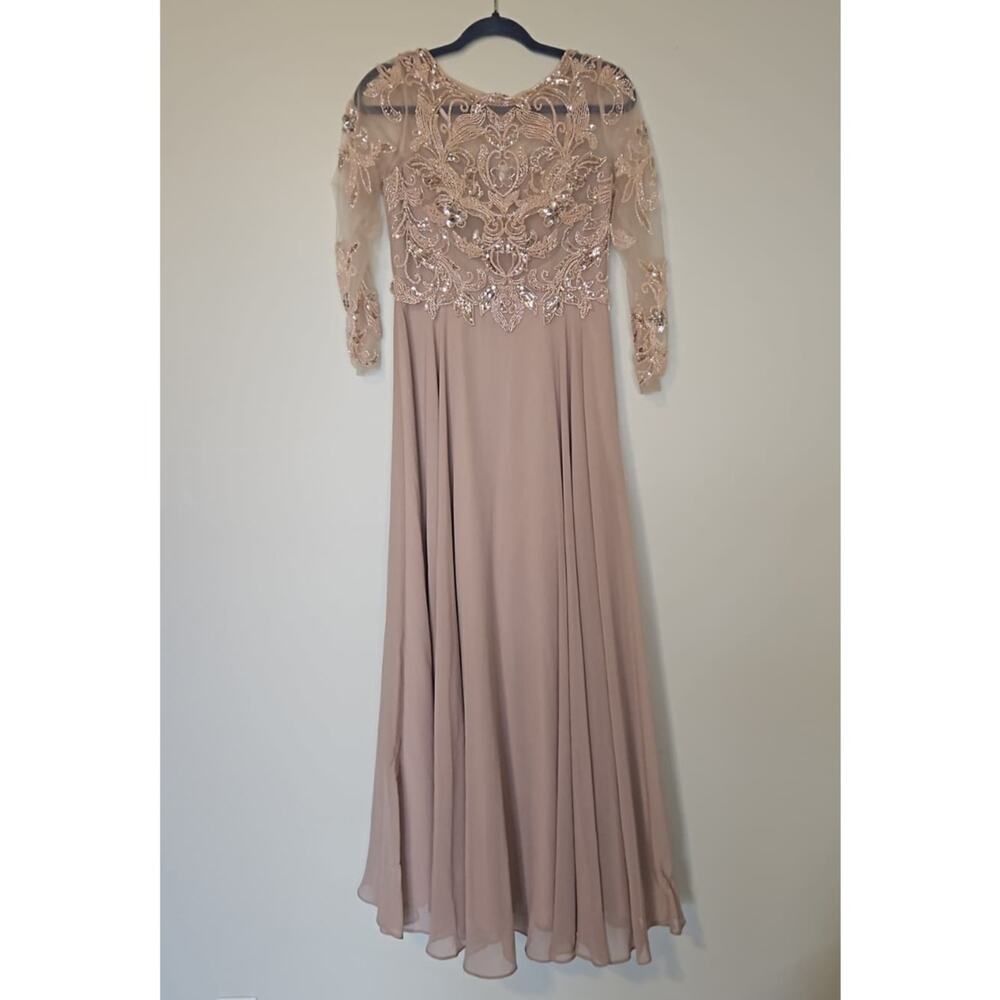 Xscape Beaded Long Sleeve Chiffon Maxi Dress Pink Size 4P - Picture 2 of 8